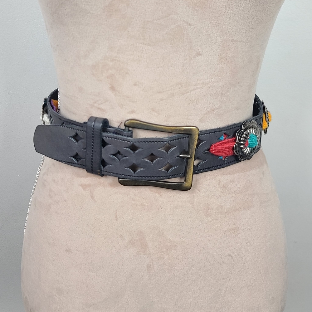 Vintage Charcoal Gray Western Leather Serape Silver-Tone Stamped Concho Belt M - Picture 1 of 16